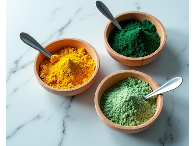 Maca, spirulina e chlorella in polvere su cucchiaini, con un tocco di colore primario #4A90E2