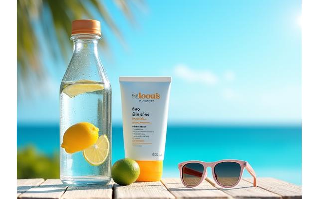 Bottiglia d'acqua rinfrescante con frutta, protezione solare e occhiali da sole su una spiaggia